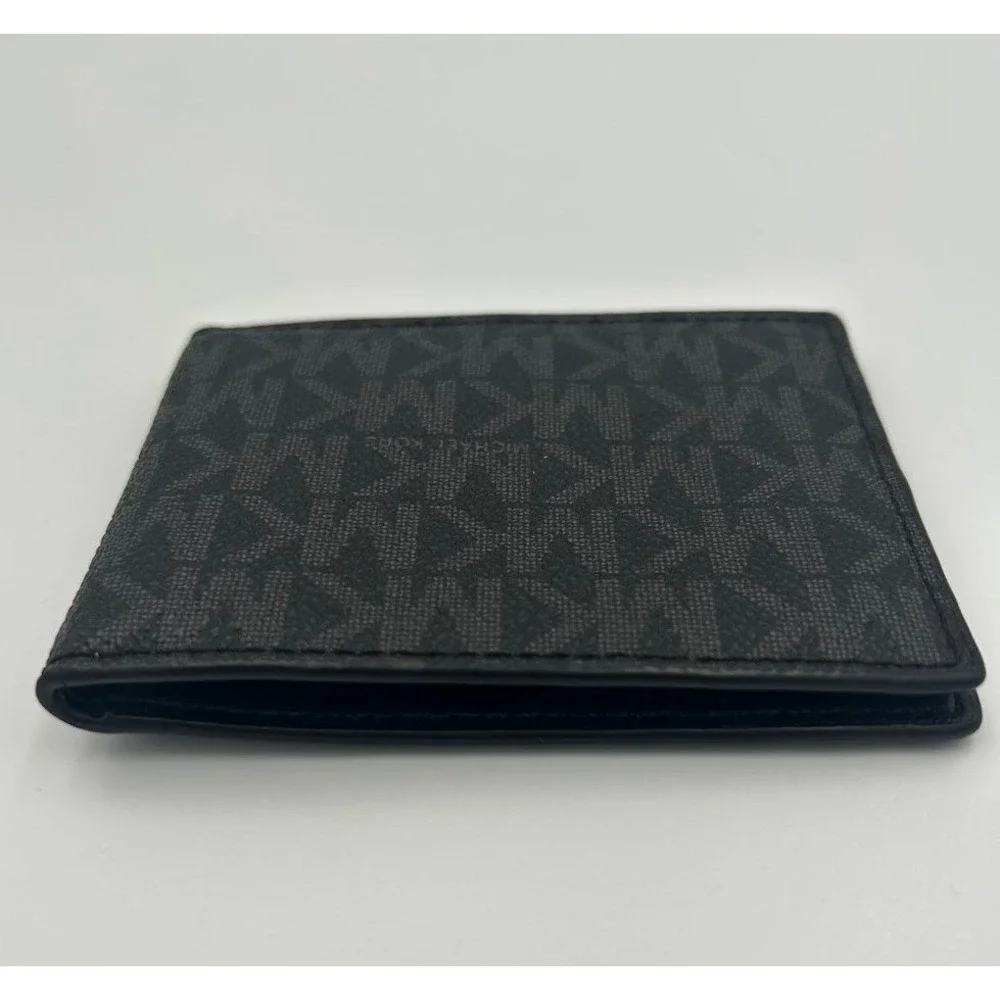 Michael Kors Mens Bifold Wallet Black Grey Signature MK Logo Print Slim